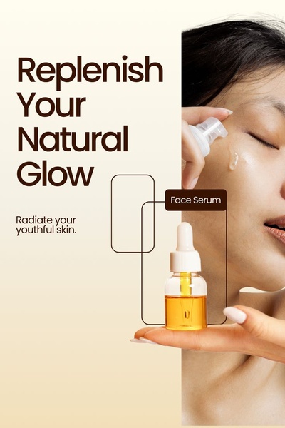 A high-performance vertical ad featuring a model applying serum, paired with clean, minimalist typography and a focused, editorial-style composition.